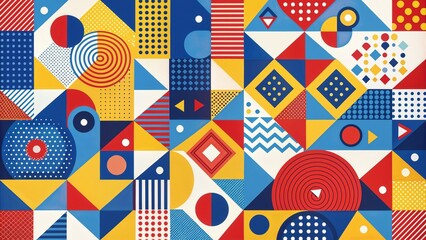 Obraz premium Modern geometric abstract pattern in blue red yellow with Memphis style elements