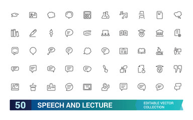 Speech and Lecture Icon Set. Containing microphone, podium, speaker, audience, presentation, communication, and more. Minimal and modern line vector icons.