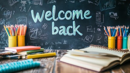 Welcome Back to School Chalkboard with colored pencils, notebooks and a desk