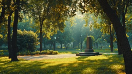 A peaceful park scene with a memorial monument surrounded by greenery