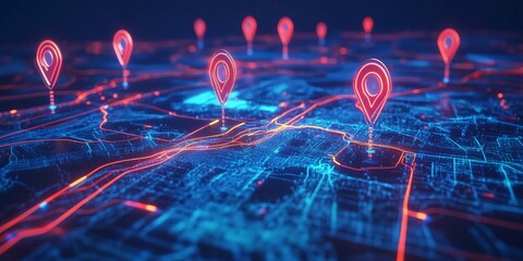 Glowing red map pointers futuristic city map. Technology concept. 3D Rendering.