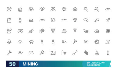 Set of line icons related to mining, coal, industry. Editable stroke icon collection, Pixel perfect outline icons pack, vector illustration.