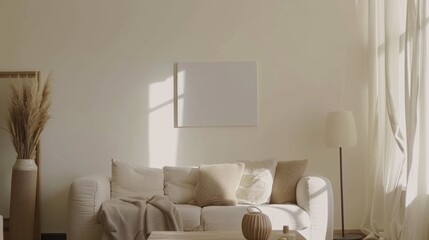 A chic and cozy living room design showcasing a white canvas backdrop, Expertly arranged minimal furniture, Minimalist Scandinavian hygge style