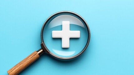 Obraz premium Magnifying glass focusing on a white plus sign against a blue background, representing medical or analytical concepts.