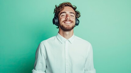 Fototapeta premium Young smiling happy satisfied man wear shirt white t-shirt casual clothes listen to music in headphones use mobile cell phone isolated on plain blue cyan background studio portrait. generative ai