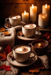 charming scene cozy mugs nestled amongst softly flickering candles illuminating warm inviting atmosphere, light, comfort, warmth, table, ceramic, beverage