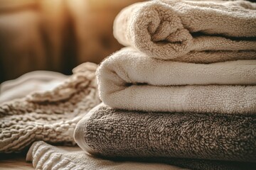 A collection of soft towels in neutral tones piled neatly on a wooden surface, creating a warm and inviting atmosphere. Generative AI