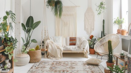 A chic and eclectic living space adorned with a white canvas backdrop, Eclectically arranged minimalist furniture, Boho minimalism style