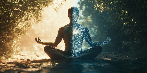 Obraz premium A man meditates outdoors with a serene split-body effect, half natural and half digital, symbolizing harmony between nature and technology