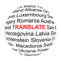 Sphere with the inscription of countries and in the middle a word translation