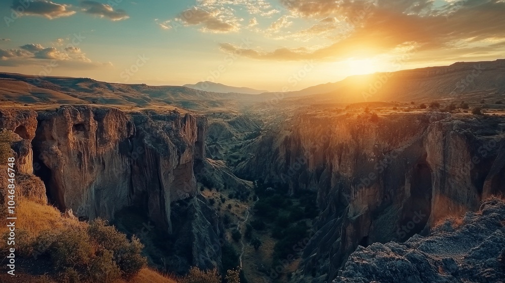 Poster a beautiful sunset over a canyon with a river running through it