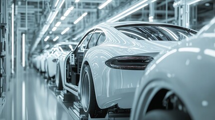 Obraz premium 3d render of a car in a car factory, car production line. Automotive industry.