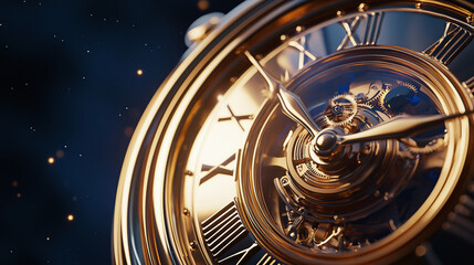 A beautifully crafted vintage Victorian-style golden clock suspended in a starry sky, reflecting timeless elegance and classic design in a whimsical setting.