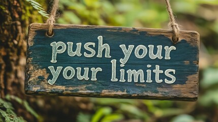 A rustic wooden sign with the inspirational message Push Your Limits hanging from a tree branch in a lush green forest