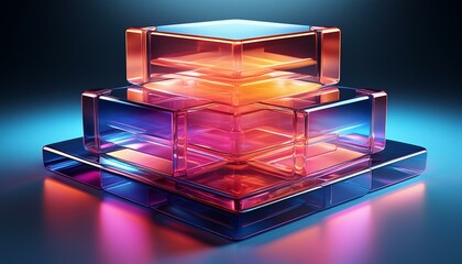 Abstract illustration of geometric shapes and structures in colorful neon colors and lights in cyberspace against dark background