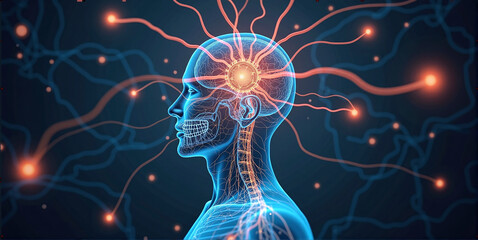Graphic conceptual illustration of the nervous system in the human body, external environmental influences, sensory perception
