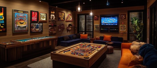 A modern game room with a pool table, a foosball table, a large screen tv, and a comfortable couch.