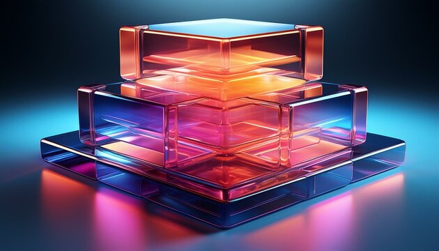 Abstract illustration of geometric shapes and structures in colorful neon colors and lights in cyberspace against dark background