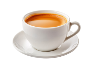 a white cup with brown liquid in it