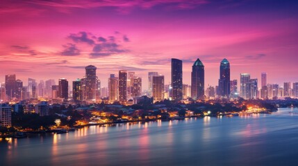 Fototapeta premium The Bangkok city skyline at twilight with a mix of illuminated skyscrapers and low-rise buildings,