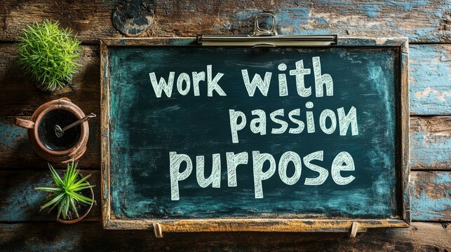 Chalkboard with inspirational quote Work with passion purpose on rustic wooden background