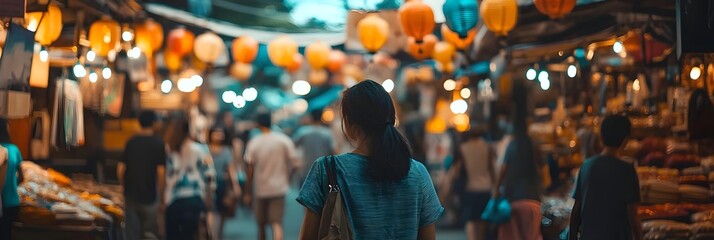 Naklejka premium Colorful and Lively Bangkok Market Street with Vendors Lanterns and Shoppers Capturing the Vibrant Culture and Atmosphere of this Bustling Urban Scene