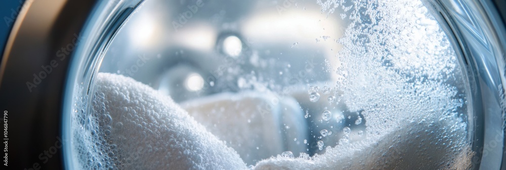 Poster A close-up view reveals a washing machine drum loaded with fluffy white towels in the process of being washed. Generative AI
