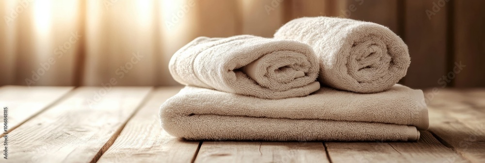 Aufkleber neatly arranged soft towels rest on a wooden table as warm sunlight fills the cozy room, creating a 