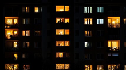 Obraz premium High-rise apartment building at night with illuminated windows