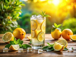 Fototapeta premium Closeup Drone Photography of Refreshing Lemonade with Ice and Lemon Slices in a Bright, Sunny Outdoor Setting