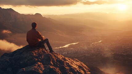 Man sitting on top of mountain and looking to the city.