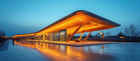 Fototapeta premium Modern architecture, a building with a curved roof, lit up at night.