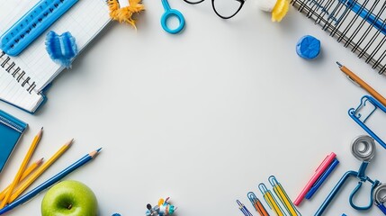 A flat lay of school supplies, including pencils, pens, a ruler, an apple, a notebook, and glasses, arranged in a circle around a white background