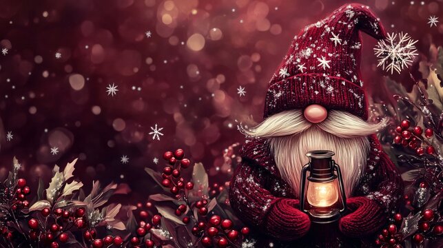 Christmas gnome with a lantern on a red background. Christmas card.