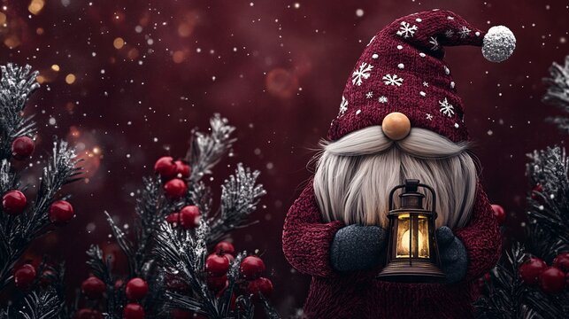 Christmas gnome with a lantern on a red background. Christmas card.