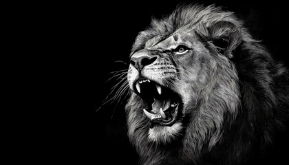 Fototapeta premium Ausdrucksstarkes Portrait eines Löwen, dargestellt als schwarz weiße Kohlezeichnung mit Platz für Text.