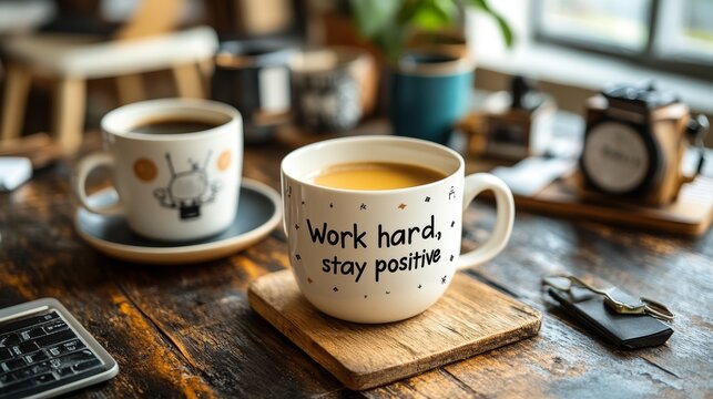 Two coffee mugs on a wooden table with one mug that says Work hard, stay positive
