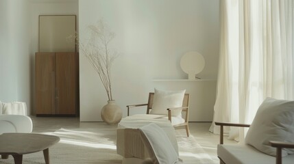 A chic and minimal living room design showcasing a white canvas backdrop, Strategically placed minimal furniture, Mediterranean minimalist style