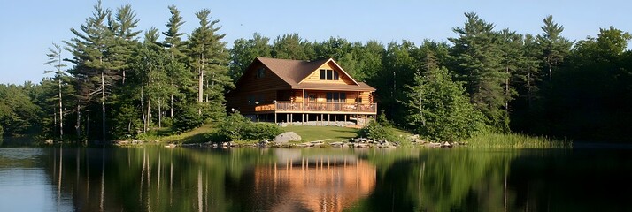 Obraz premium A cozy wooden cabin nestled on the peaceful shores of a tranquil lake in the Canadian wilderness
