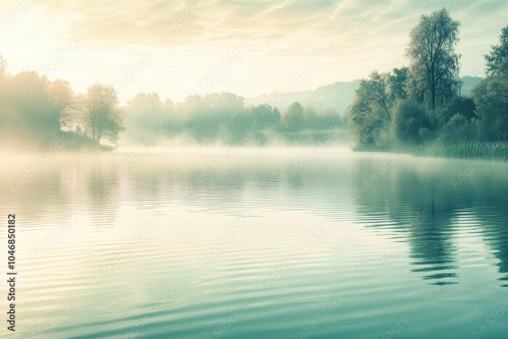 Poster the lake is enveloped in mist, with gentle ripples on the surface as trees frame the serene landscap