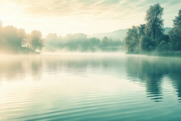 Fototapeta premium The lake is enveloped in mist, with gentle ripples on the surface as trees frame the serene landscape at dawn. Generative AI