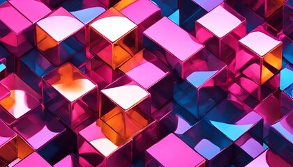 Obraz premium Abstract illustration of geometric shapes and structures in colorful neon colors and lights in cyberspace against dark background