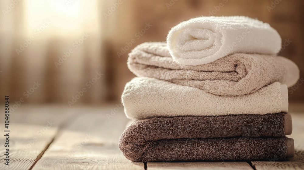 Aufkleber soft towels in neutral colors are stacked neatly on a rustic wooden surface, illuminated by gentle n