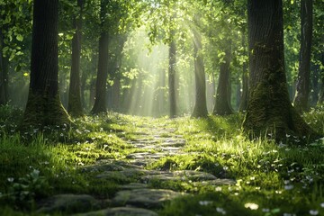 Fototapeta premium A beautiful forest with tall trees and sunlight shining through the leaves. There is an old stone path in front of it and grassy meadows on both sides. 