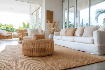 Modern living room with white sofa, wicker coffee table, and beige rug, with large windows and...