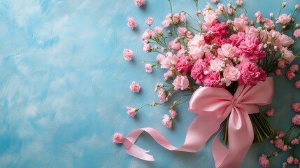 Obraz premium Pink bouquet of flowers with a pink ribbon on a light blue background