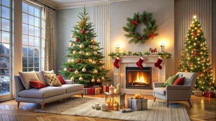 Obraz premium Cozy Modern Christmas Living Room with Neutral Tones, Decorated Tree, and Festive Fireplace for Holiday Cheer and Warmth in a Minimalist Design