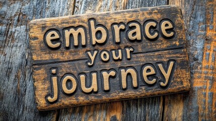 Rustic wooden sign with the motivational message Embrace your journey on a weathered wood background