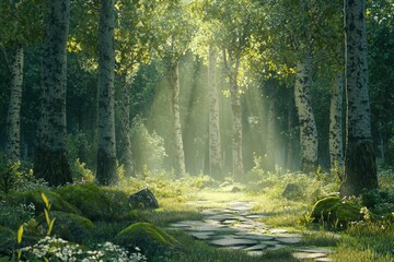 Obraz premium A beautiful forest with tall trees and sunlight shining through the leaves. There is an old stone path in front of it and grassy meadows on both sides. 