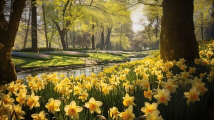 A close-up view of bright yellow spring flowers against a soft-focus,